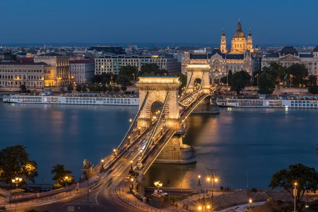 Széchenyi Chain Bridge illuminated at night in Budapest, Hungary