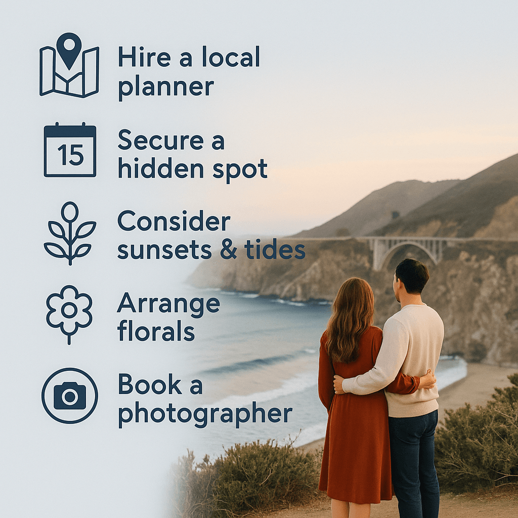 Couple overlooking Big Sur coastline at sunset with planning tips including hiring a local planner, booking a photographer, arranging florals, and choosing scenic proposal locations