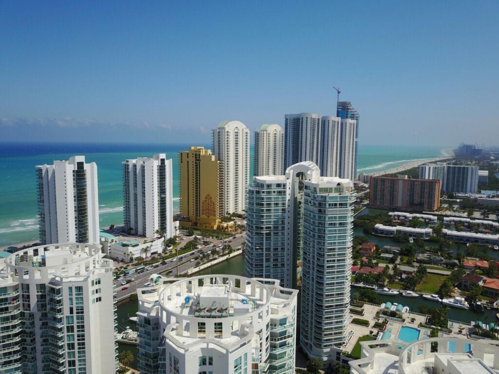 Ocean view with Mirasol Towers visible from a high-rise building in Miami Beach