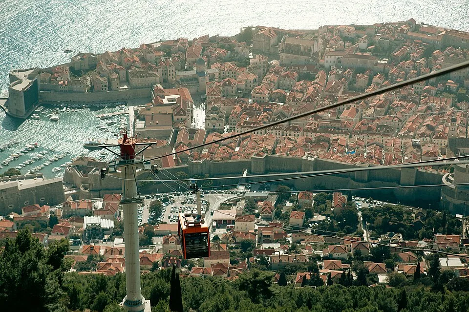 View of Dubrovnik Old Town from the Dubrovnik Cable Car with panoramic city walls and Adriatic Sea in the background.