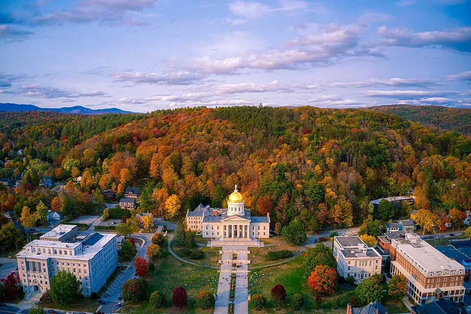 Aerial view of Montpelier, showcasing fall foliage and government buildings – one of the best places to live in Vermont and among the best cities in Vermont for families