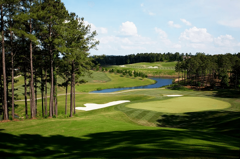 Just a scenic drive from Key Biscayne Beach, the Miami Golf Club showcases pristine, emerald-green fairways surrounded by tall pine trees. In the midst of the golf course, a dazzling water body glimmers under the bright blue sky.