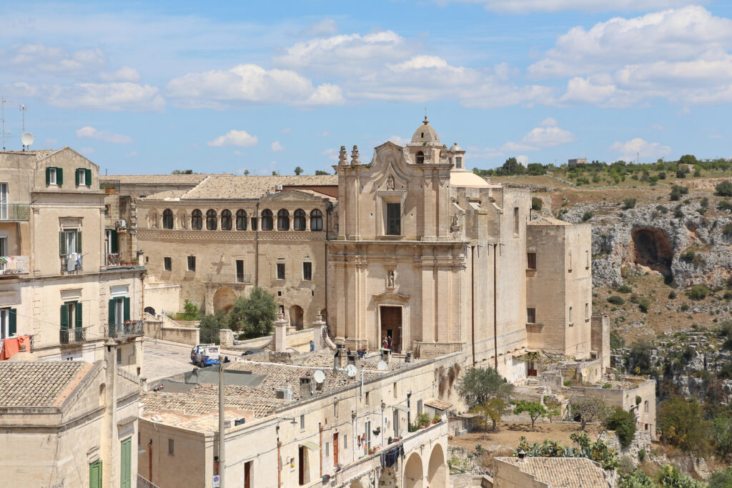 stone façade of Sant’Agostino Monastery overlooking Sassi di Matera Italy
