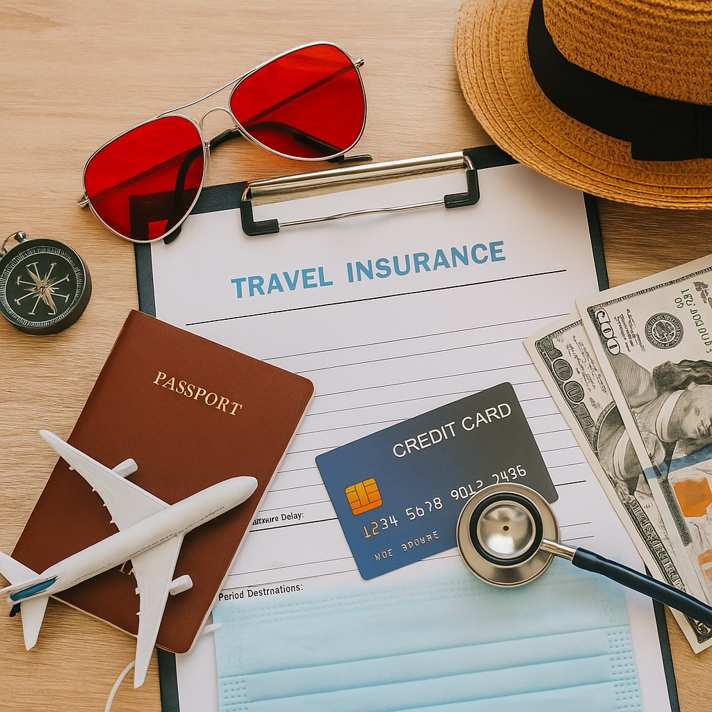 Travel essentials including passport, credit card, money, and travel insurance documents for a trip to Europe — representing the importance of having travel insurance for trip to Europe to cover medical emergencies, trip delays, and lost luggage.
