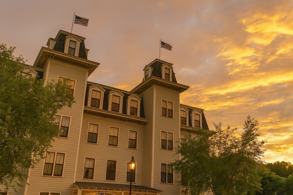Bar Harbor Grand Hotel exterior at sunset with warm lighting and historic architectural design in downtown Bar Harbor near Acadia National Park