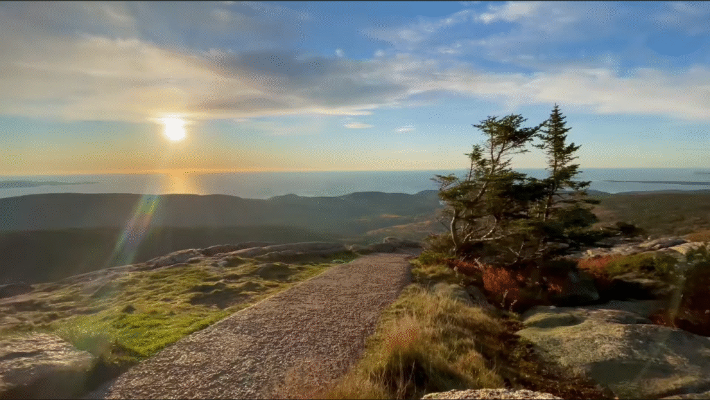 Sunrise view from a rocky mountain overlook with ocean and forest below, highlighting the natural beauty near glamping Acadia National Park.