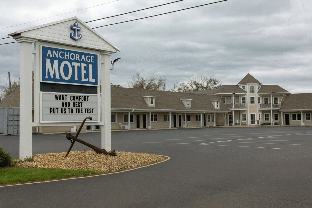 Front view of Anchorage Motel, a clean and affordable accommodation option for travelers searching for where to stay near Acadia National Park