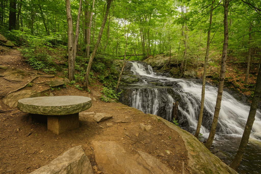 Peaceful woodland trail with flowing waterfall and stone seating area, showcasing natural attractions and outdoor Things to Do in Portland Maine