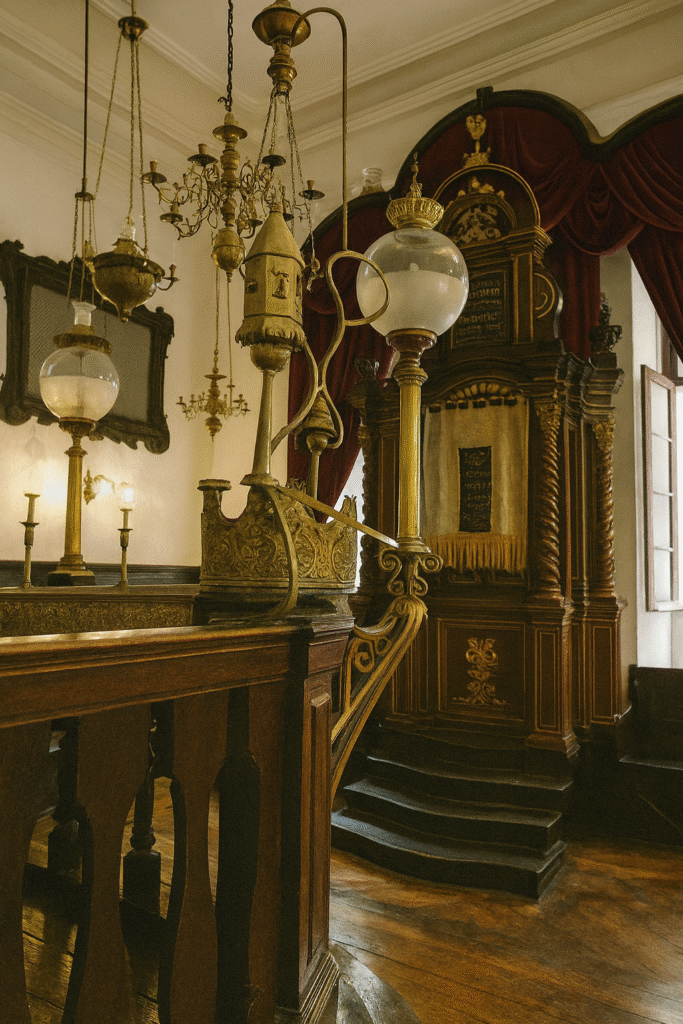Historic Dubrovnik Synagogue interior with ornate wooden bimah, brass chandeliers, red velvet curtains, and traditional Torah ark under natural light