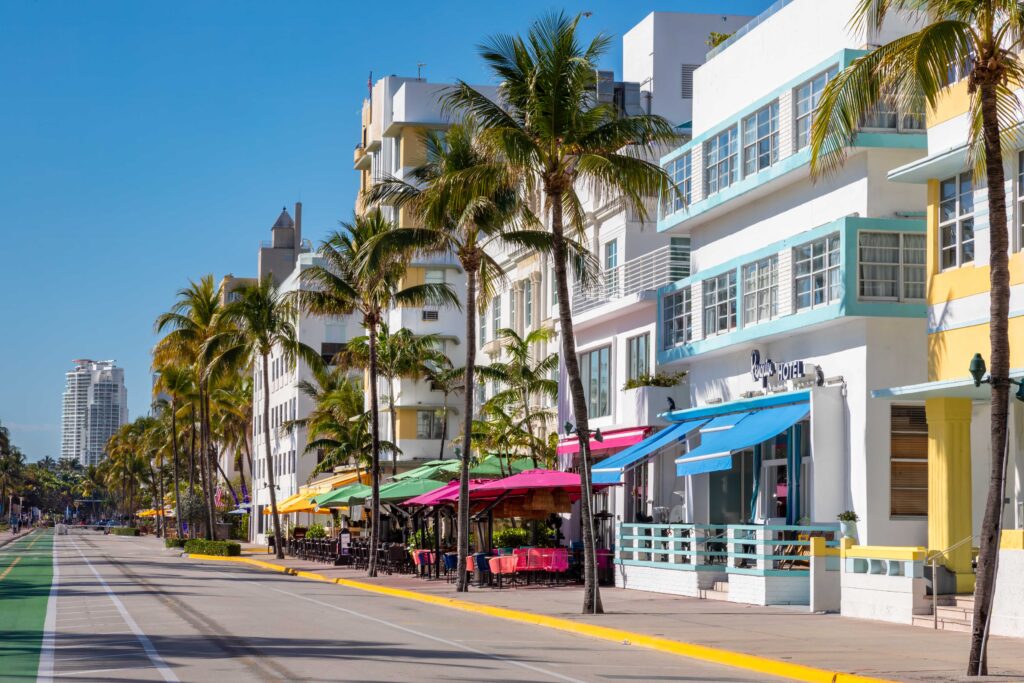 Ocean Drive in South Beach Florida is one of the most widely known streets in America for its historic landmark art deco buildings along the Atlantic Ocean