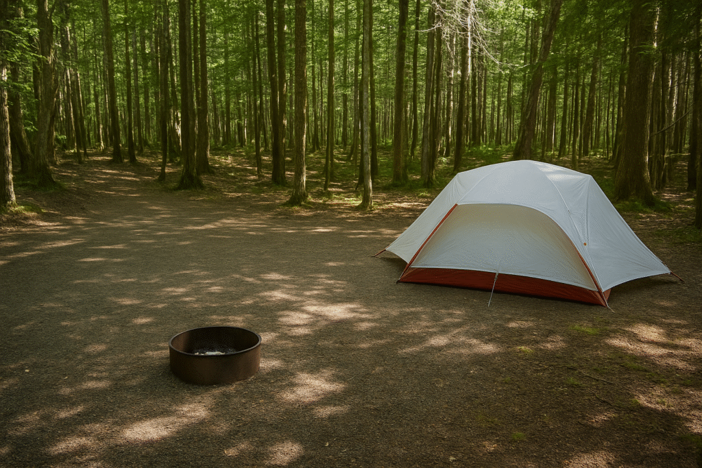 Shaded forest campsite at Seawall Campground with rustic natural surroundings, showcasing one of the peaceful places to stay near Acadia National Park
