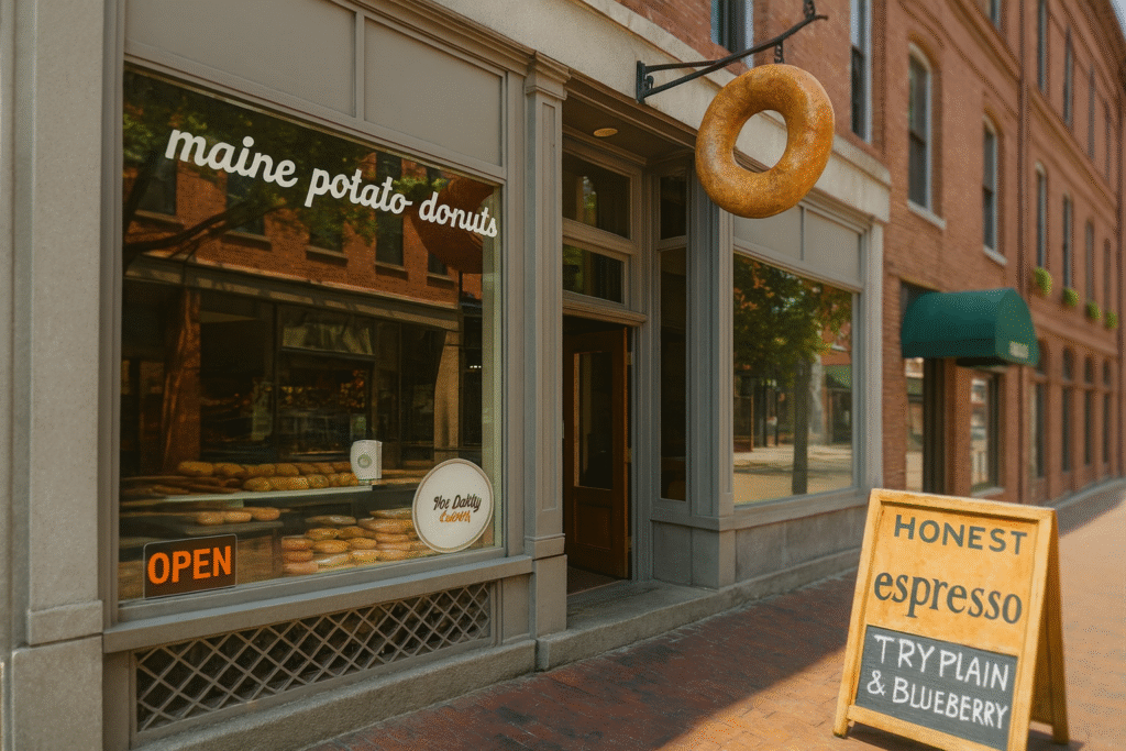 Charming Portland Maine café storefront with donut sign and espresso board, a popular local spot and one of the top Things to Do in Portland Maine
