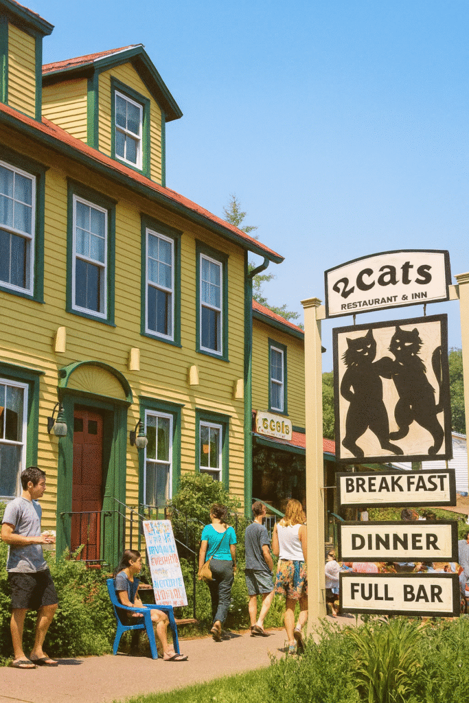 The Chat Room waterfront restaurant at dusk, showcasing its cozy seaside exterior and welcoming lights — one of the best restaurants in Bar Harbor Maine