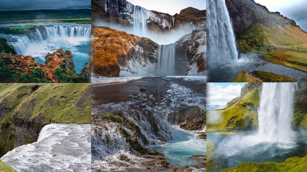 Iceland waterfalls featuring Seljalandsfoss, Skógafoss, and powerful cascades flowing through dramatic volcanic landscapes