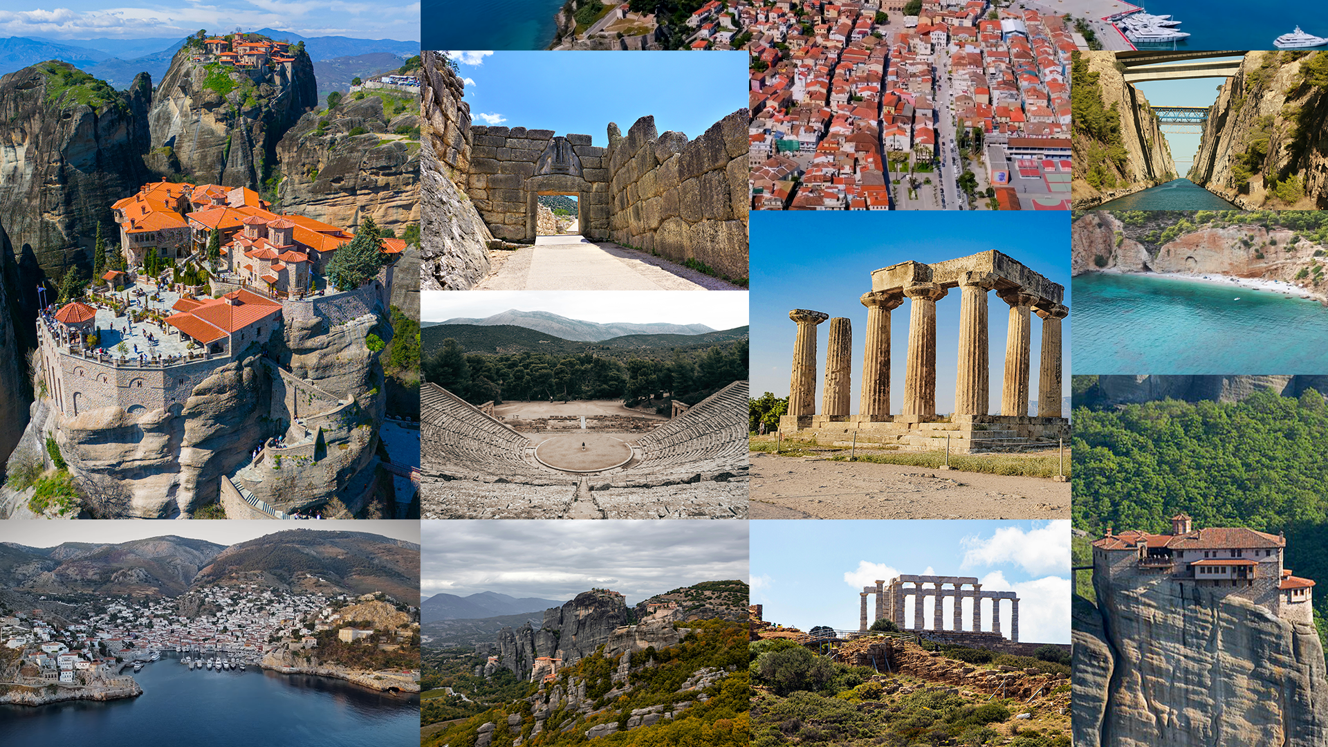 Collage of top day trips from Athens Greece including Delphi ruins, Cape Sounion Temple of Poseidon, Hydra island harbor, Nafplio old town, Mycenae, Epidaurus theater, Poros and Aegina, all easily reached by bus or ferry