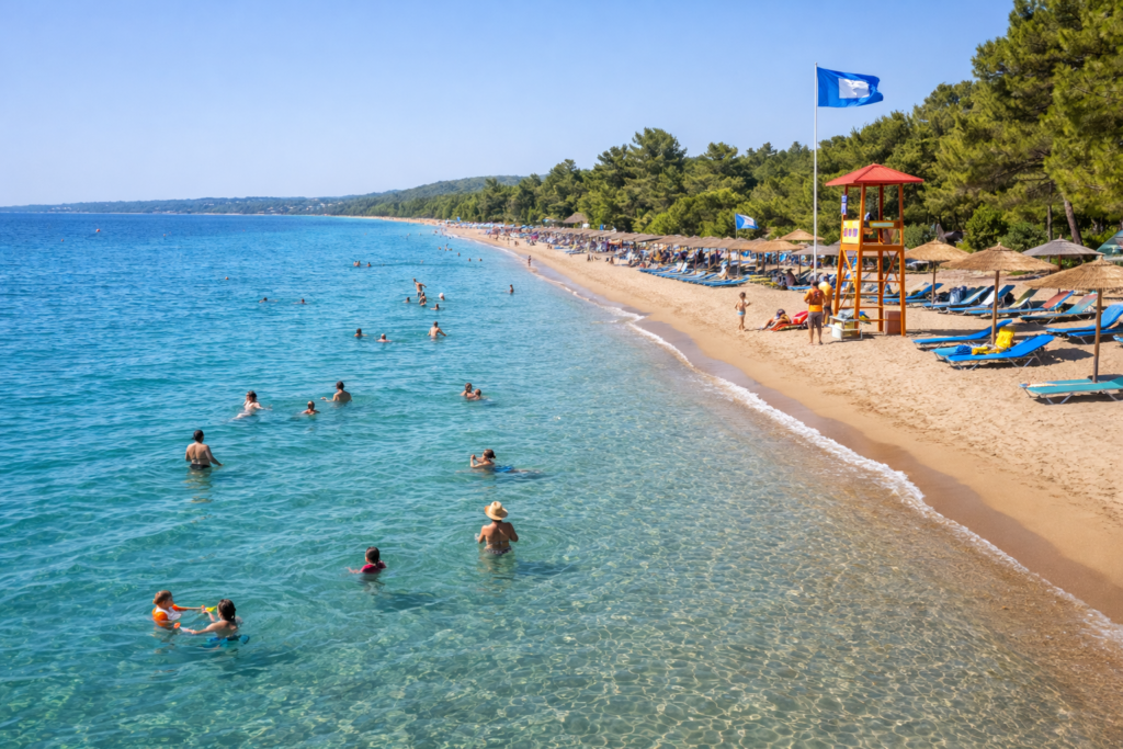 Families enjoying safe shallow swimming at Marathon Beach Greece