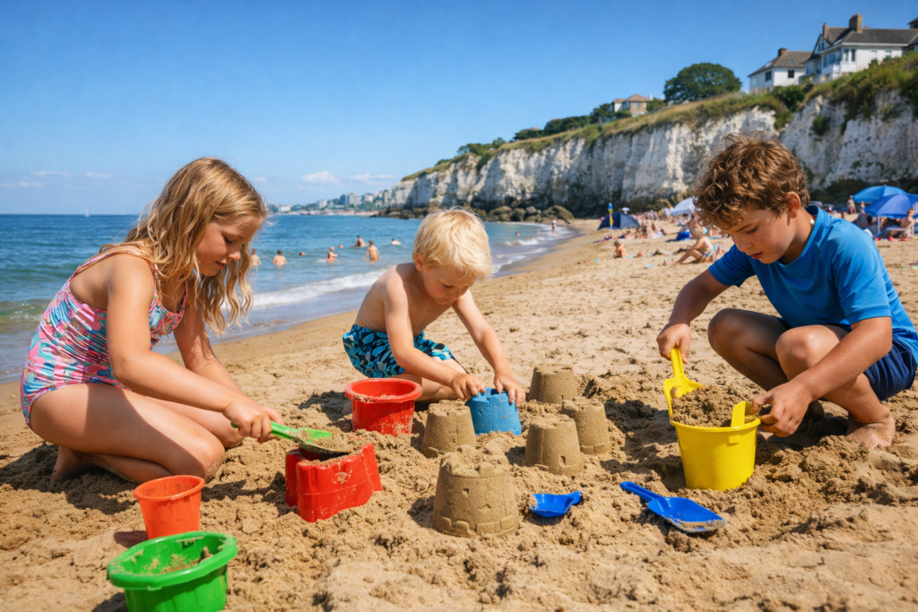 Children building sandcastles Dumpton Gap beach family activities kids play fine sand Broadstairs Kent