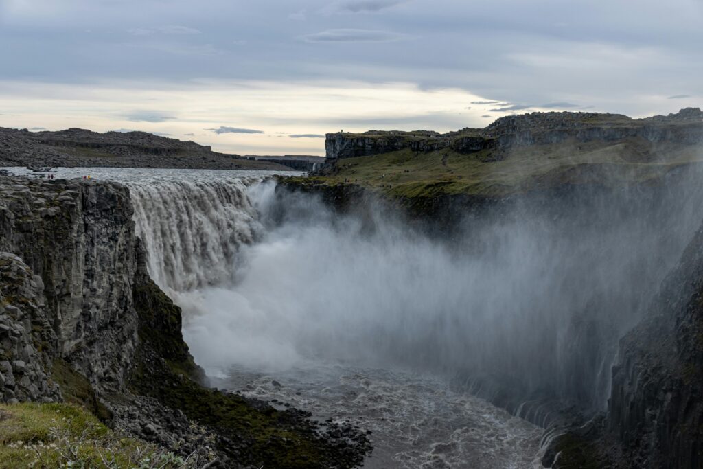 Dettifoss Waterfall Iceland plunging into Jökulsárgljúfur canyon, Europe’s most powerful waterfall with massive glacial mist