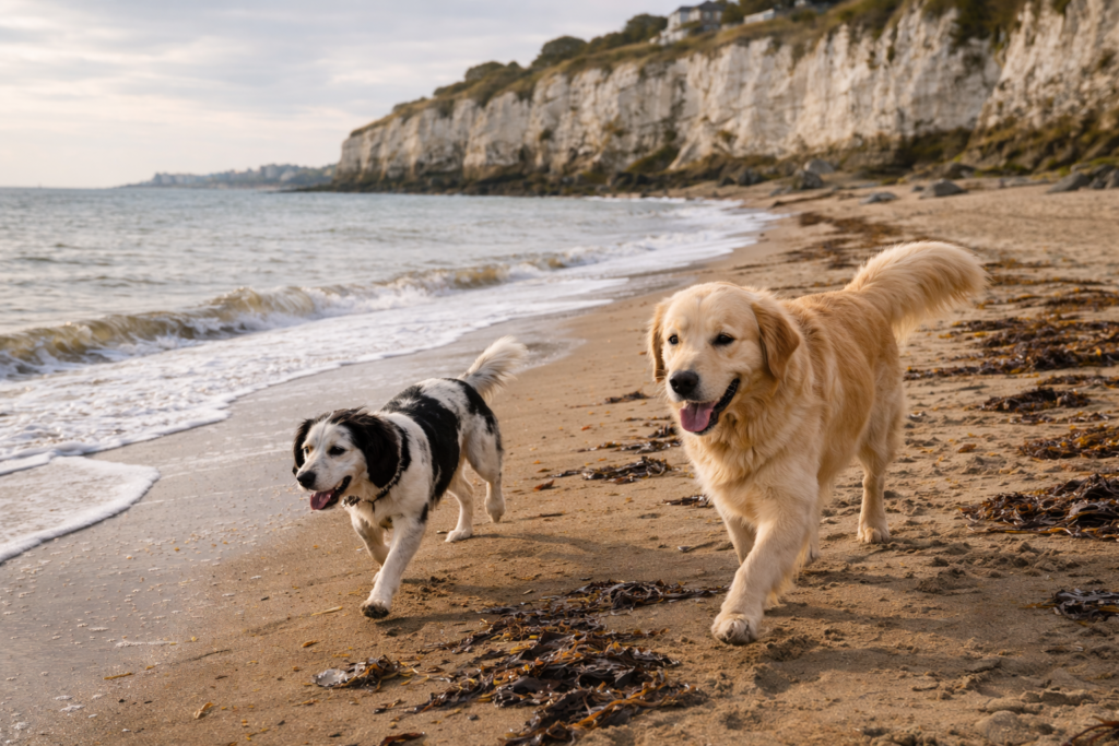Dog walking Dumpton Gap beach off season autumn winter dogs allowed Broadstairs Kent pet friendly