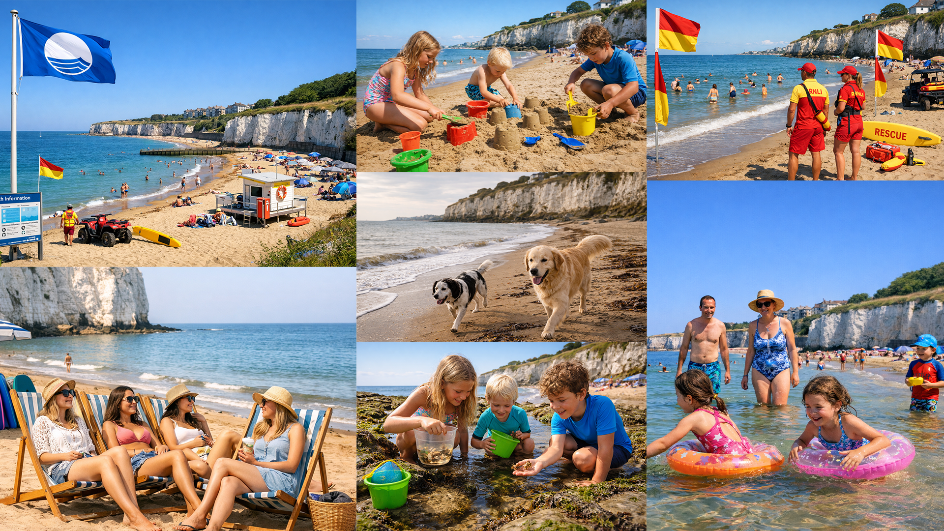 Collage of Dumpton Gap Beach in Kent showing deckchair and beach equipment hire, families and children playing in the sand and sea, lifeguards on duty, chalk cliffs, dogs walking along the shoreline, and visitors enjoying a safe, clean UK seaside on a sunny day.
