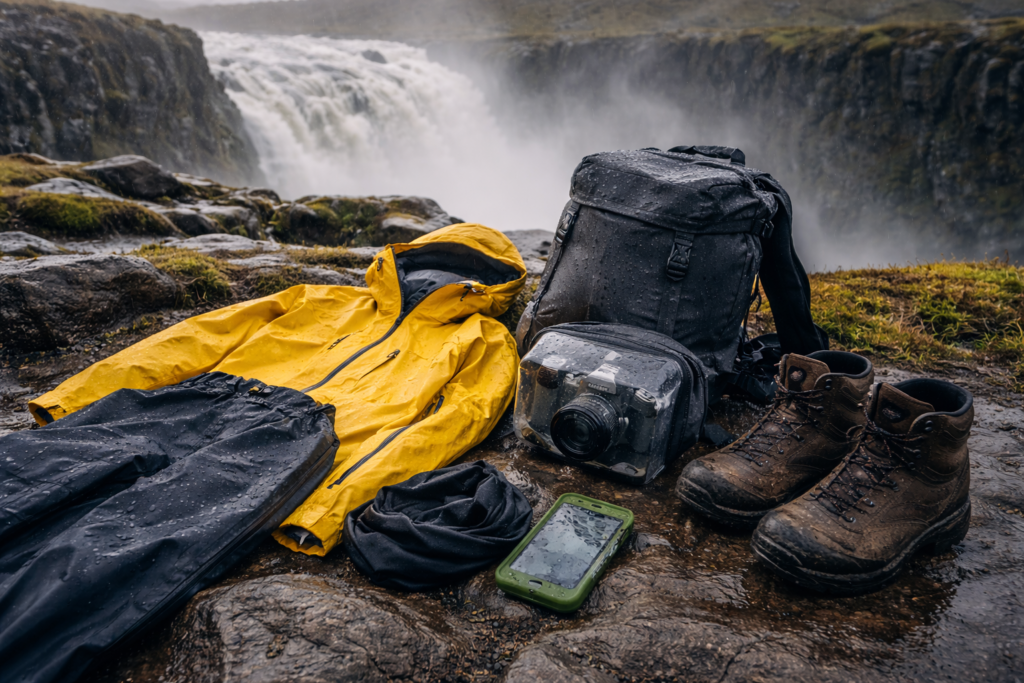 Essential gear and packing list for Dettifoss Iceland, including waterproof jacket, hiking boots, camera, and backpack near Dettifoss Waterfall Iceland