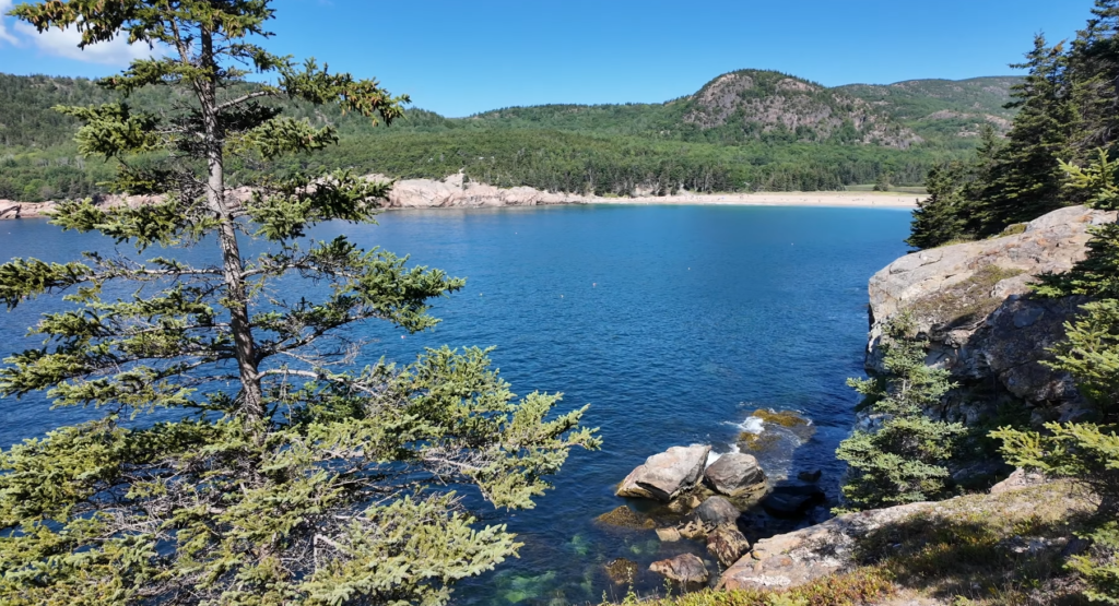 Scenic coastal view from Great Head Trail in Acadia National Park, featuring rocky cliffs, evergreen trees, blue ocean waters, and surrounding mountains—one of the most popular Acadia hikes