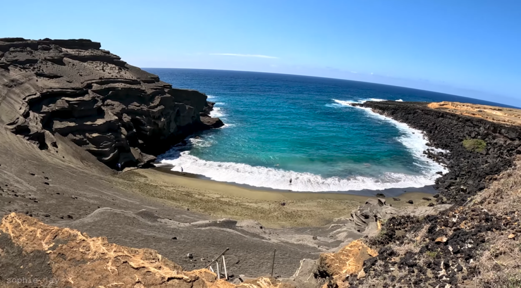 Green sand beach steep descent trail loose volcanic rock Papakōlea cinder cone rim Big Island Hawaii access difficulty