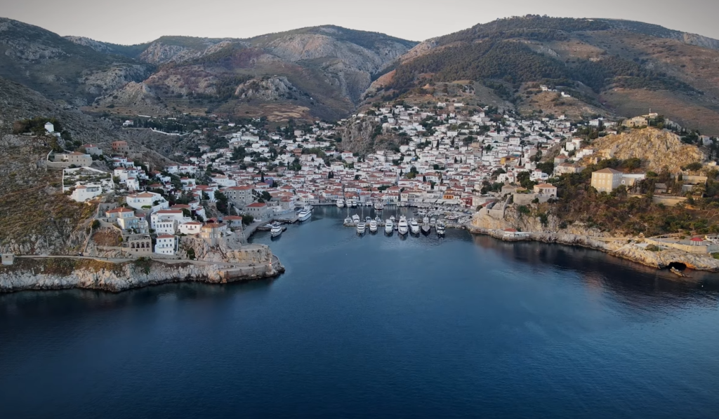Hydra island car-free harbor white buildings Greek islands day trip from Athens
