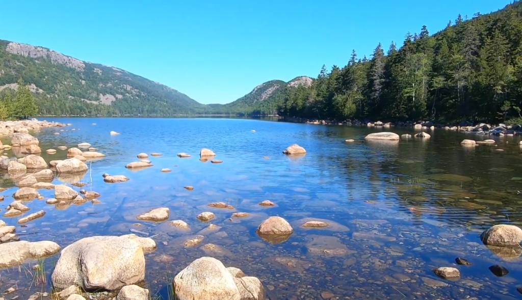 Jordan Pond and the Bubbles mountains near Beehive Trail in Acadia