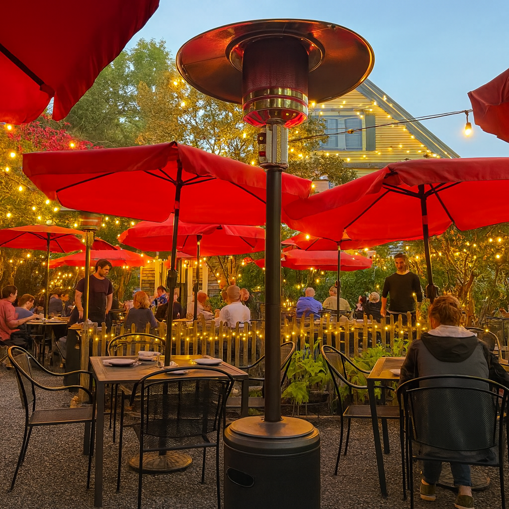 McKays Public House at one of the best restaurants in Bar Harbor, Maine, featuring red umbrellas, patio heaters, and guests enjoying dinner in a cozy garden setting