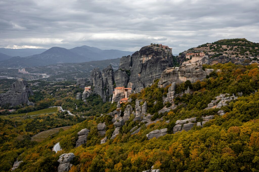 Meteora rock formations multiple monasteries Thessaly plain UNESCO site Greece day trip