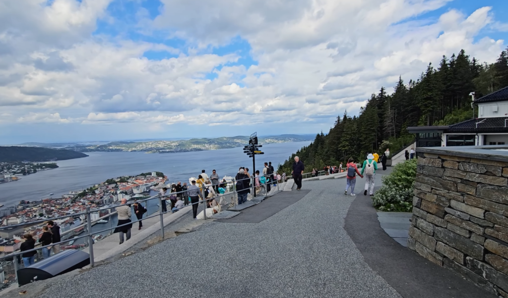Panoramic view from Mount Fløyen overlooking Bergen, Norway, with tourists enjoying the scenic landscape of fjords and colorful city buildings under a partly cloudy sky, showcasing one of Norway’s major cities alongside well-known destinations like Oslo, Trondheim, Stavanger, and Tromsø