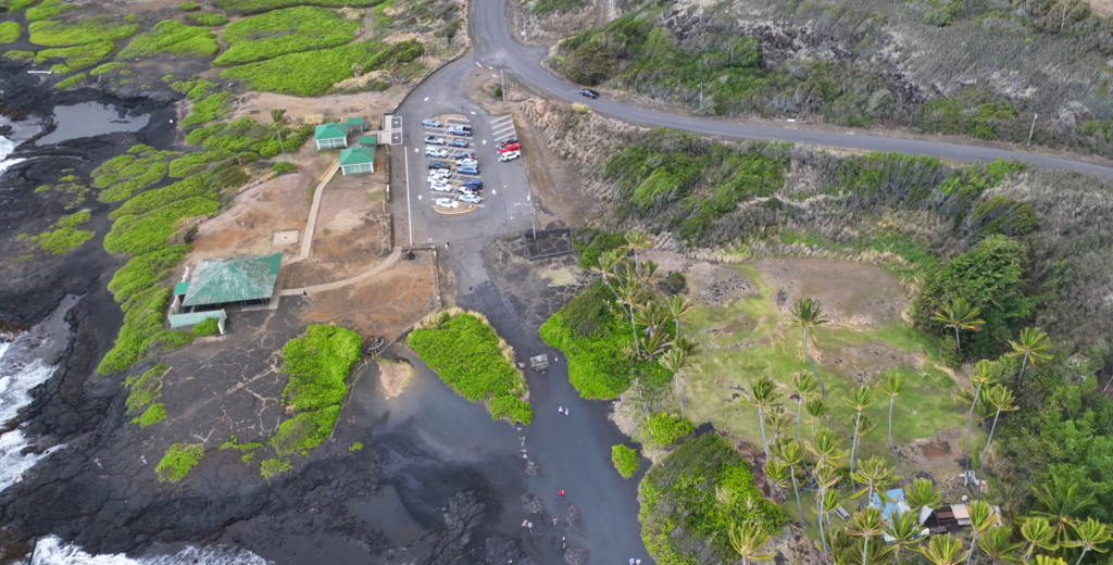Punaluu Black Sand Beach Park showing facilities parking area and palm trees on Big Island Hawaii