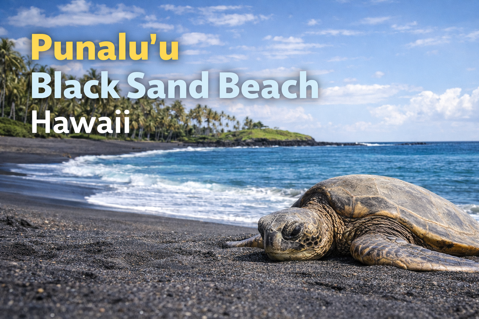 Hawaiian green sea turtle resting on the black volcanic sand at Punaluʻu Black Sand Beach, Big Island of Hawaii, with palm trees and ocean waves in the background