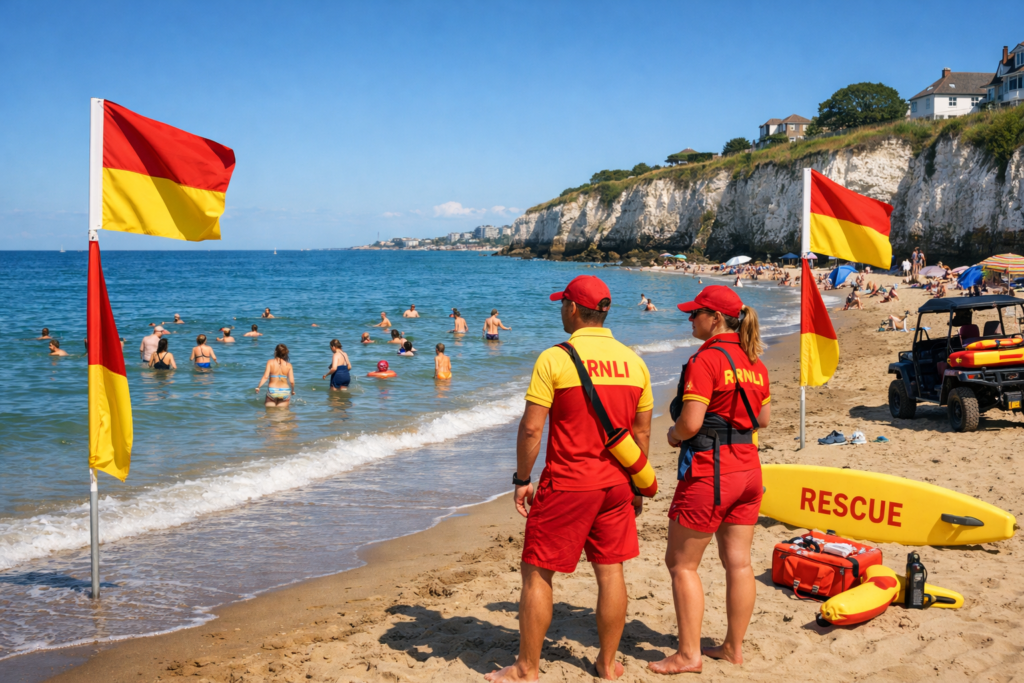 RNLI lifeguards Dumpton Gap beach safety red yellow flags summer patrol Broadstairs Kent safe swimming
