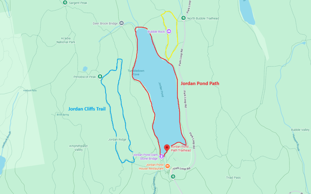 jordan pond path trailhead map showing 5.3 kilometer loop around pond with trailhead location marked
