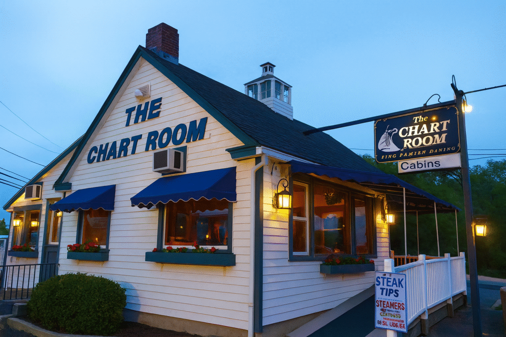 Evening view of The Chart Room, a popular waterfront spot featured among the best restaurants in Bar Harbor Maine, with warm lights and coastal charm