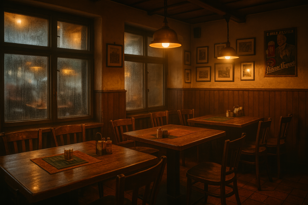 Traditional Czech hospoda interior with warm lighting, wooden tables, and steamed windows