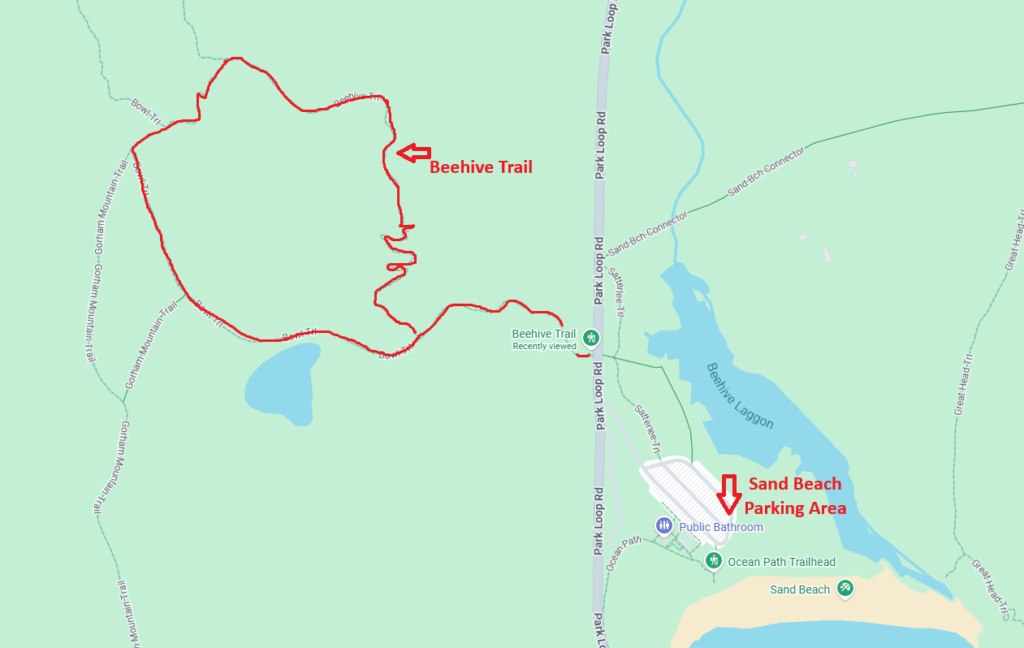 Beehive Trail Acadia map showing climbing route and summit location
