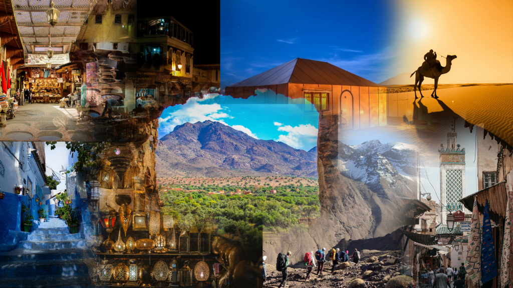 A collage showcasing top Morocco travel highlights, including colorful medinas, traditional souks, desert dunes with a camel rider, Atlas Mountain landscapes, Chefchaouen’s blue alleys, luxury desert camps, ornate Moroccan lamps, and hikers trekking through rugged mountain terrain—perfectly capturing a full Morocco travel itinerary.