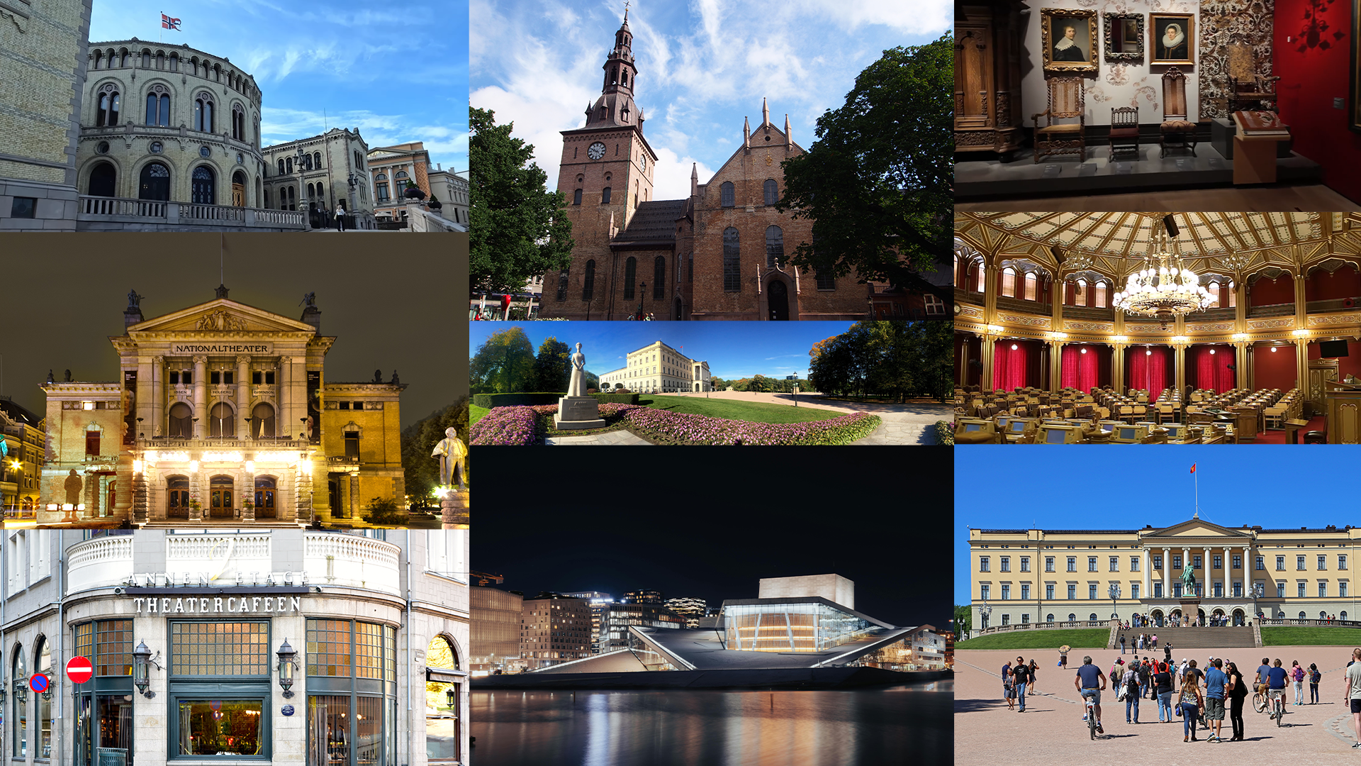 Landmarks along Karl Johans Gate, Oslo, Norway including the Royal Palace, Oslo Cathedral, National Theatre, Parliament building, museums, and the Oslo Opera House at night
