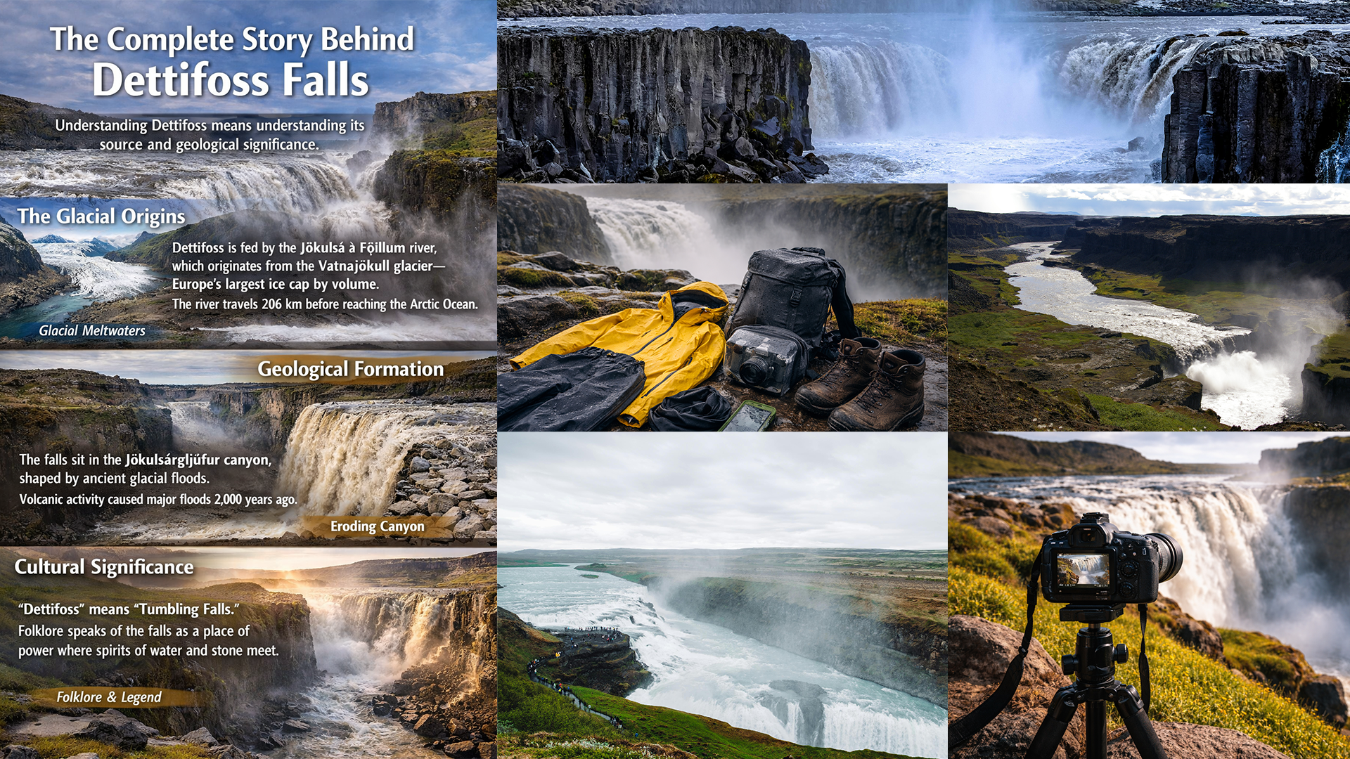 Dettifoss Waterfall Iceland infographic showing glacial origins, geological formation, canyon views, photography gear, and hiking scenery
