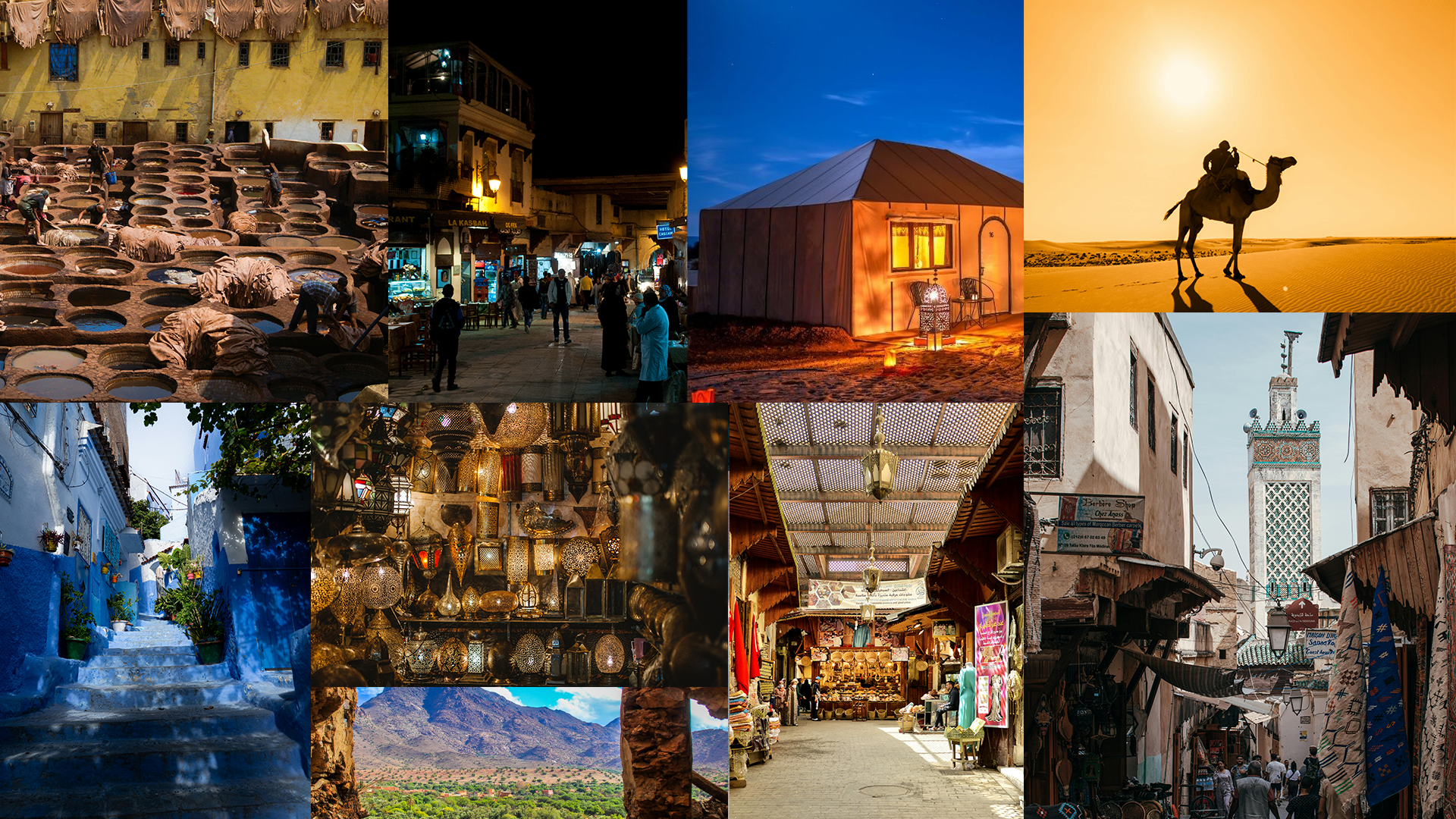 Collage of Morocco Travel Itinerary highlights including Fes tanneries, Marrakesh souks, Chefchaouen blue streets, Sahara desert camp, camel rides, and traditional Moroccan markets.