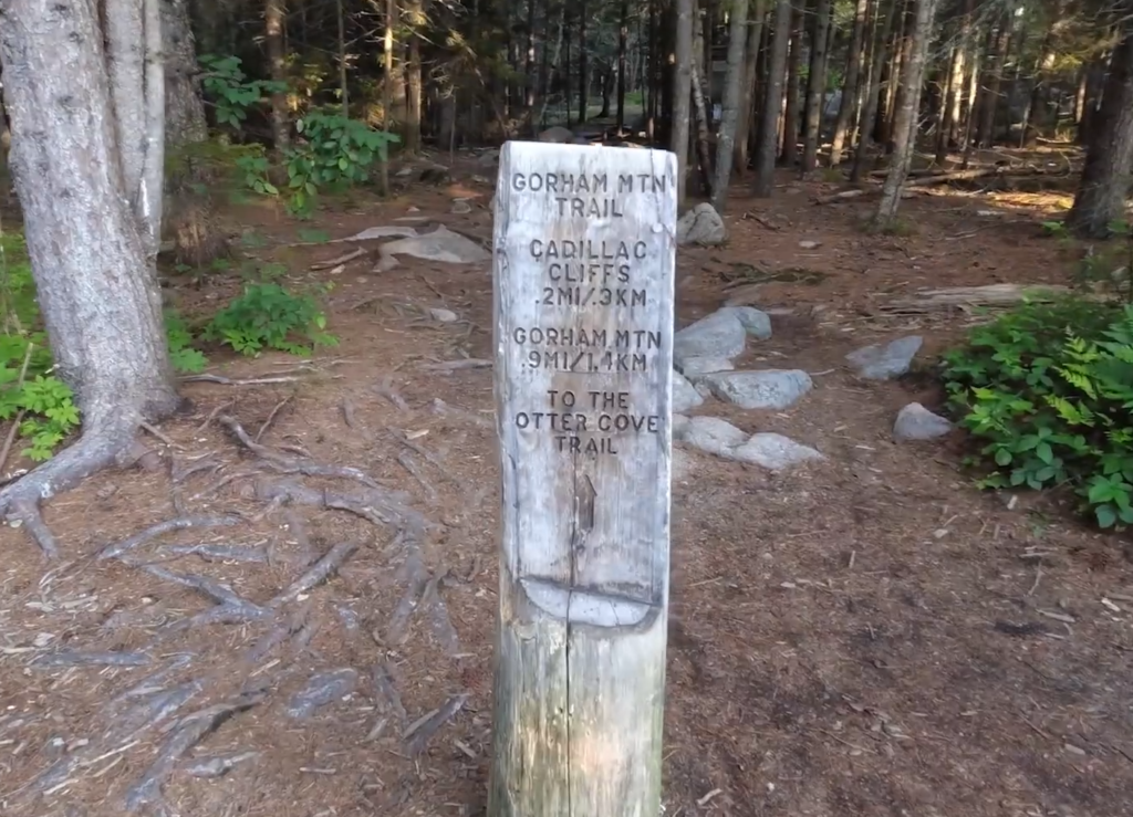 Trail sign for Gorham Mountain Trail, Cadillac Cliffs, and Otter Cove seen along Acadia National Park hikes