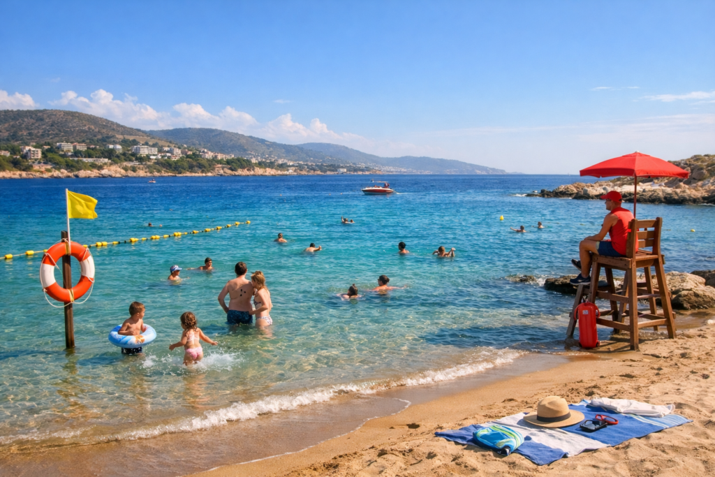 People swim and play in a clear blue sea near a sandy beach celebrated for its excellent sand and water quality; a lifeguard sits on a chair under a red umbrella, watching over the swimming conditions and safety. Towels and hats are on the sand in the foreground.