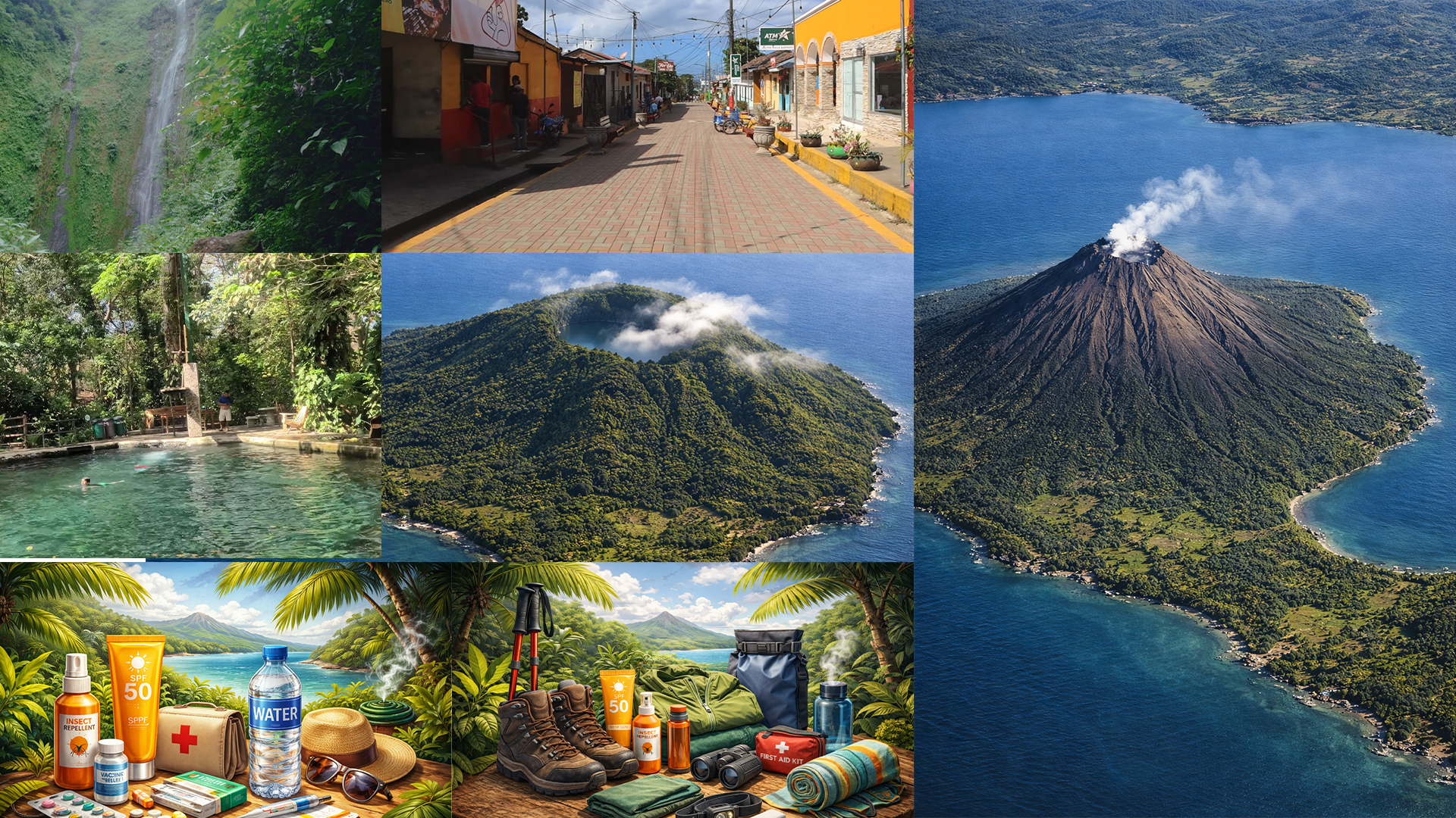 Ometepe Island Nicaragua collage showing Concepción and Maderas volcanoes, colorful village streets, natural swimming spots, waterfalls, and essential travel gear for exploring the island
